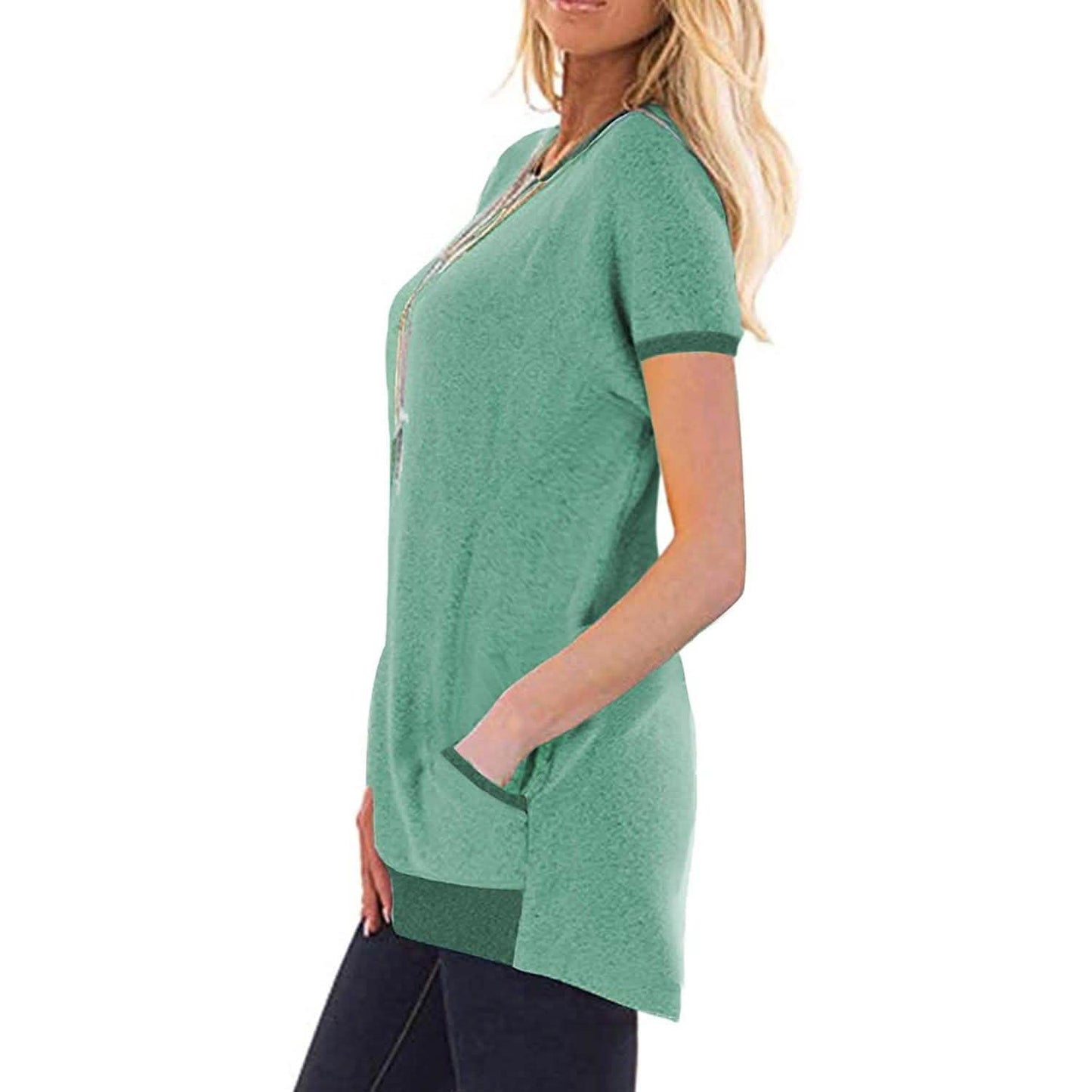 Women's Color Block Short Sleeve Lightweight Knit Sweatshirts with Pockets DailySale