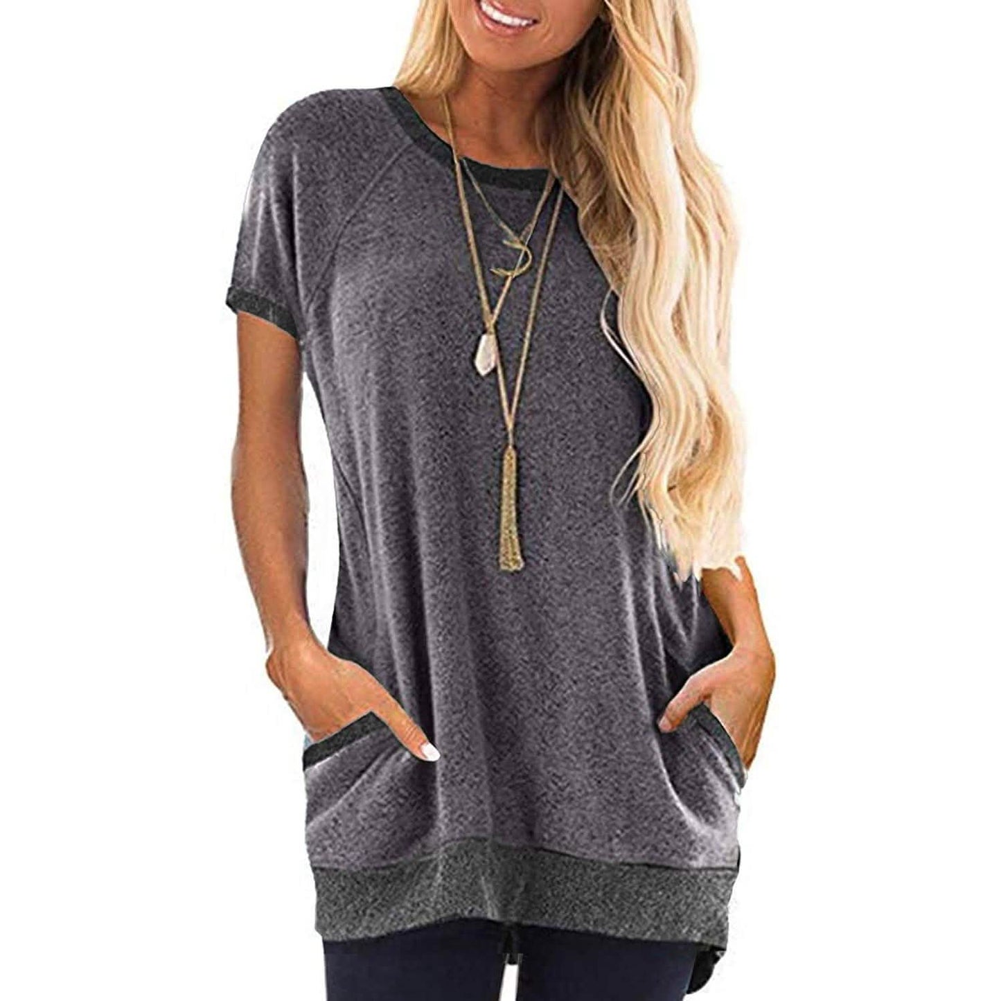Women's Color Block Short Sleeve Lightweight Knit Sweatshirts with Pockets DailySale