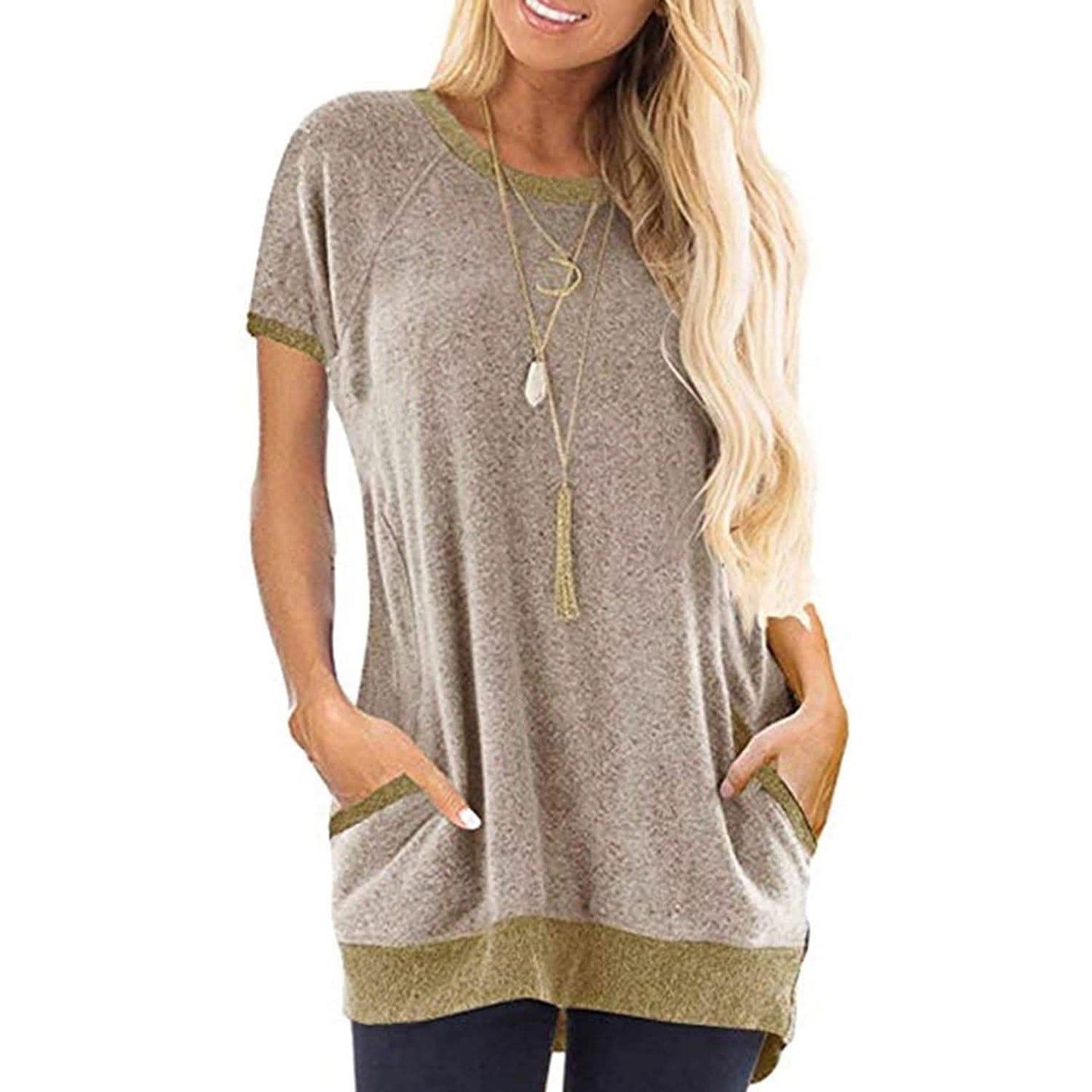 Women's Color Block Short Sleeve Lightweight Knit Sweatshirts with Pockets DailySale