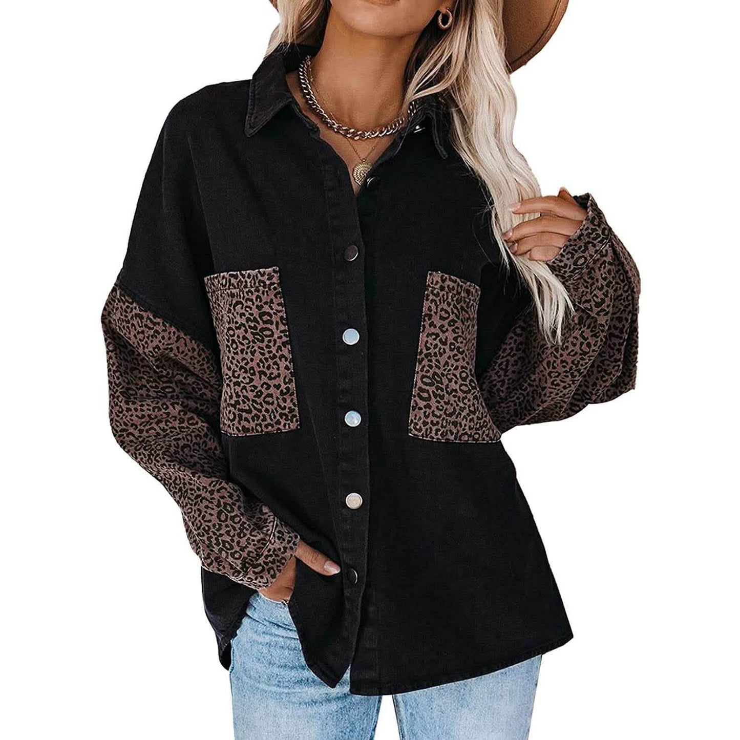 Womens Contrast Leopard Denim Jacket Long Sleeve Button Down Shirts DailySale
