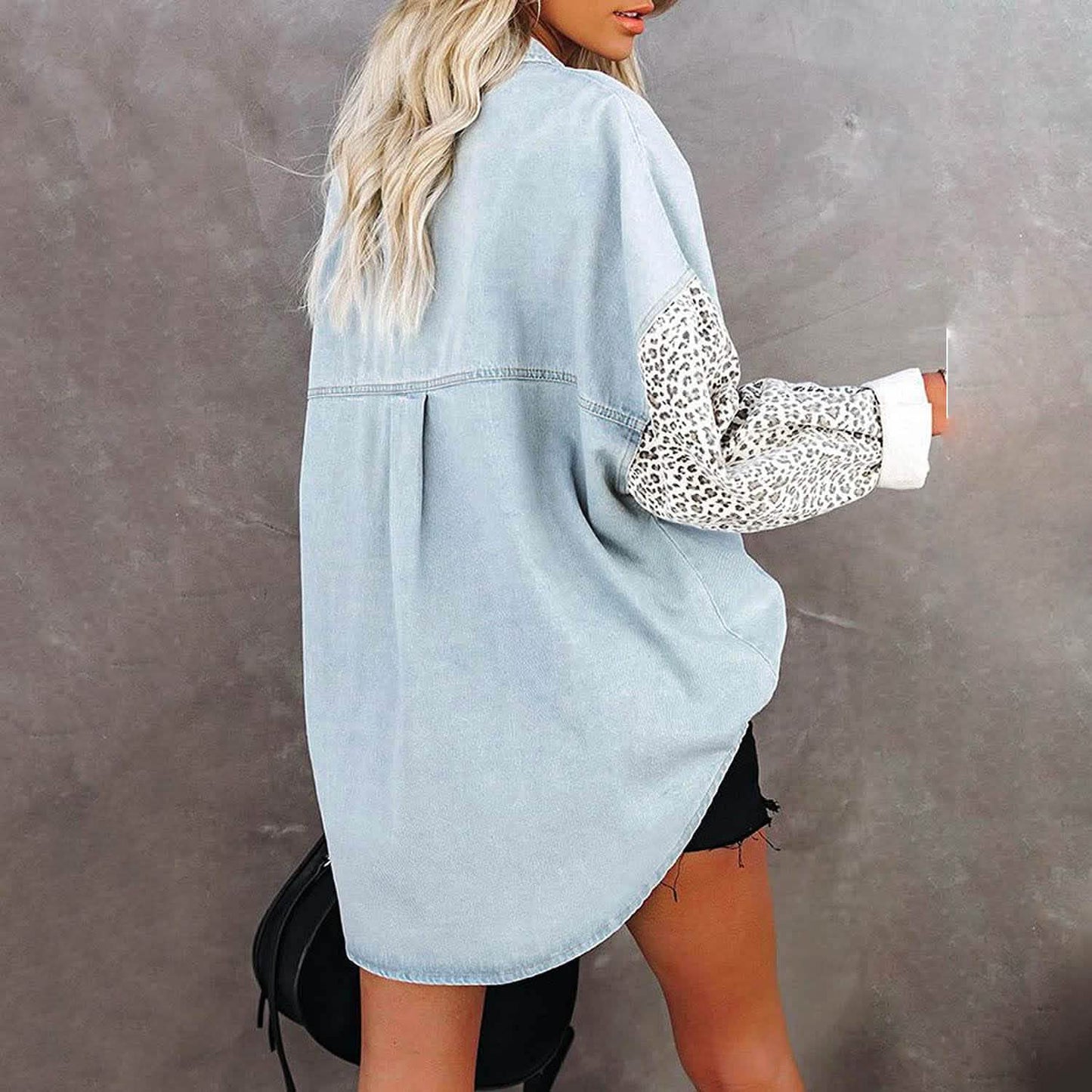 Womens Contrast Leopard Denim Jacket Long Sleeve Button Down Shirts DailySale