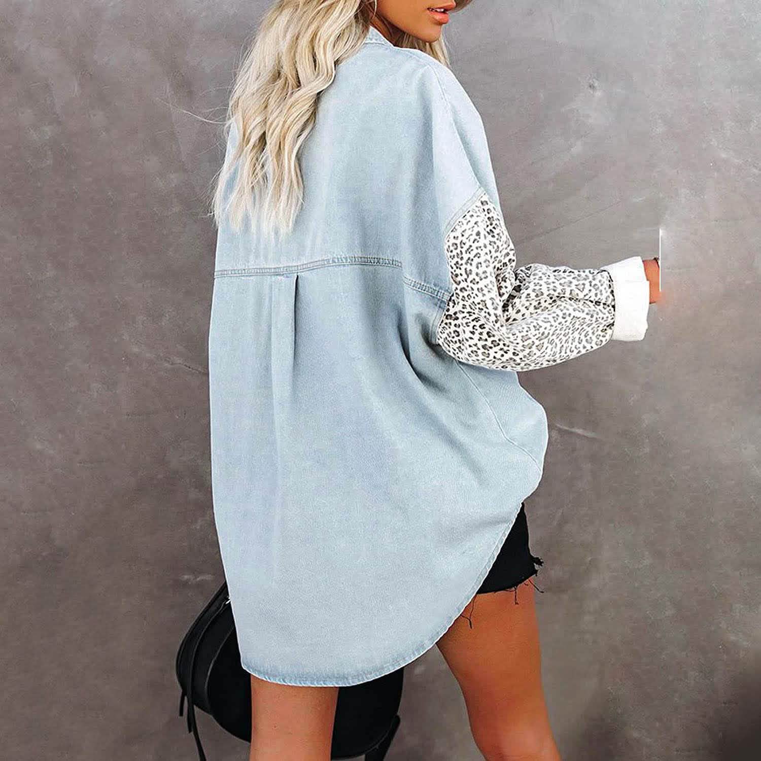 Womens Contrast Leopard Denim Jacket Long Sleeve Button Down Shirts DailySale