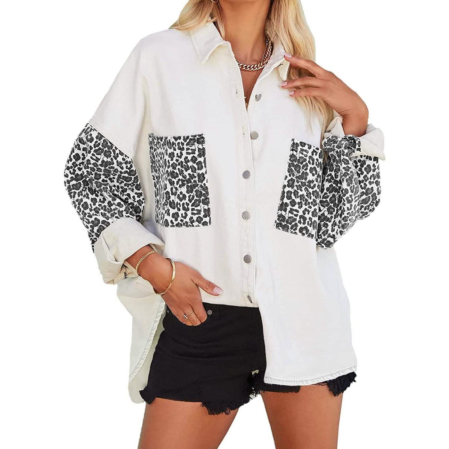 Womens Contrast Leopard Denim Jacket Long Sleeve Button Down Shirts DailySale