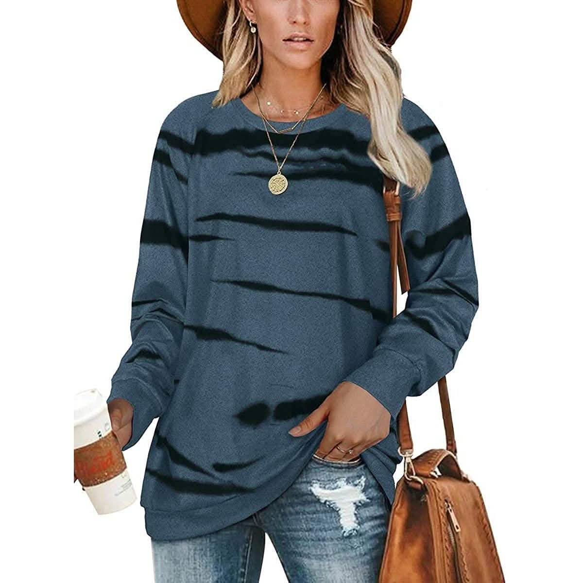 Womens Crewneck Long Sleeve Sweatshirts Striped Casual Tops Printed Loose Pullover Shirts DailySale