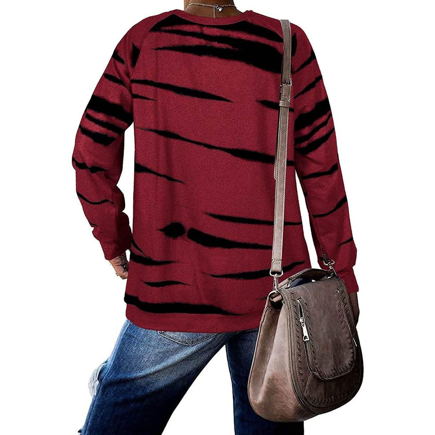 Womens Crewneck Long Sleeve Sweatshirts Striped Casual Tops Printed Loose Pullover Shirts DailySale