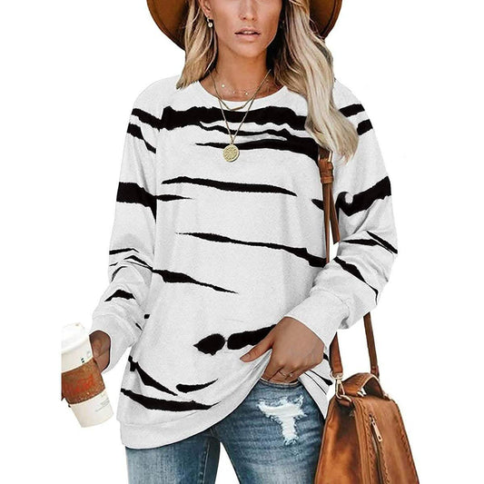 Womens Crewneck Long Sleeve Sweatshirts Striped Casual Tops Printed Loose Pullover Shirts DailySale