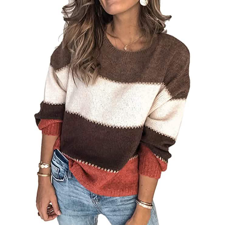 Women's Crewneck Patchwork Pullover Knit Sweater Top DailySale