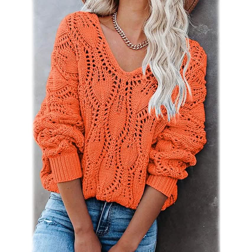 Women's Crochet Hollow Out Knitted V Neck Sweater DailySale