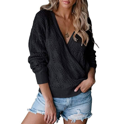 Women's Deep V Neck Long Sleeve Crochet Tops DailySale