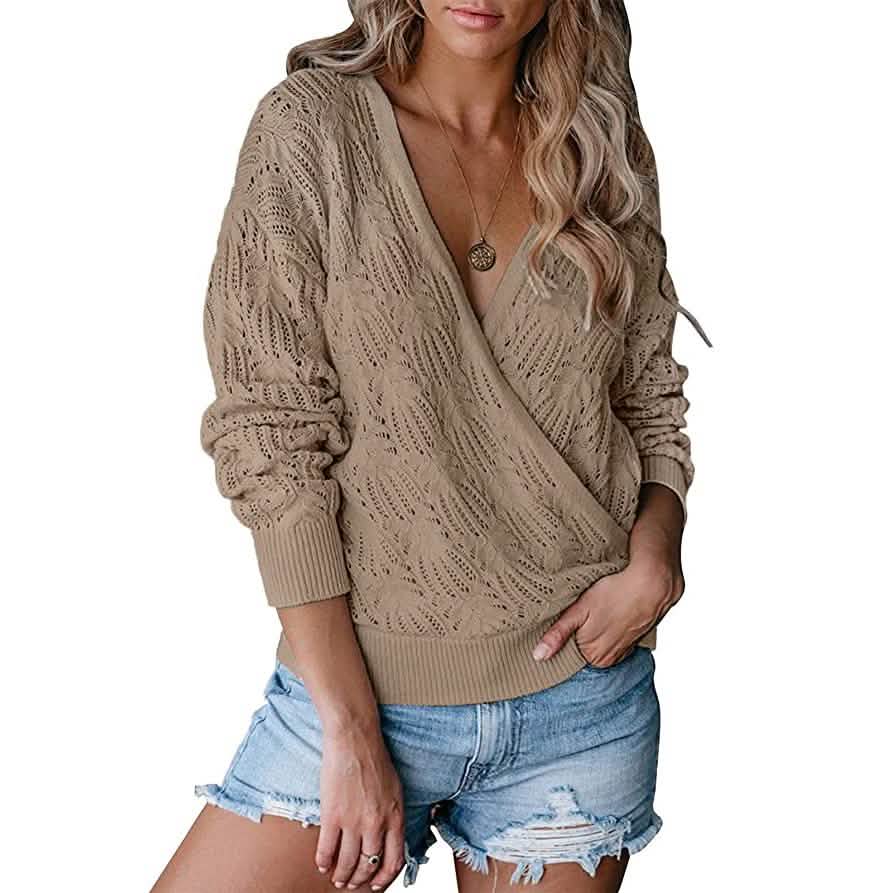 Women's Deep V Neck Long Sleeve Crochet Tops DailySale