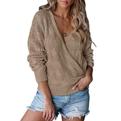 Women's Deep V Neck Long Sleeve Crochet Tops DailySale