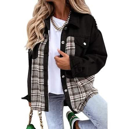 Women's Denim Jacket Long Sleeve Plaid Button Down Shirts Shacket DailySale