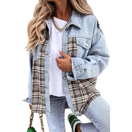 Women's Denim Jacket Long Sleeve Plaid Button Down Shirts Shacket DailySale
