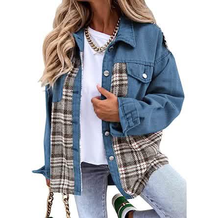 Women's Denim Jacket Long Sleeve Plaid Button Down Shirts Shacket DailySale