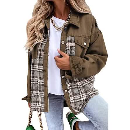 Women's Denim Jacket Long Sleeve Plaid Button Down Shirts Shacket DailySale