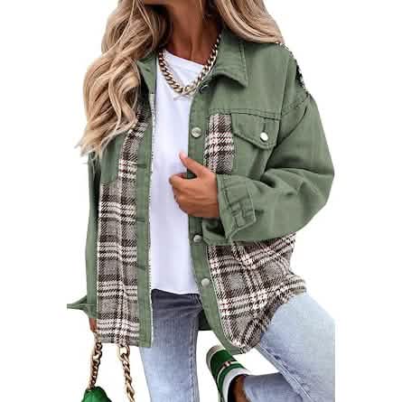 Women's Denim Jacket Long Sleeve Plaid Button Down Shirts Shacket DailySale