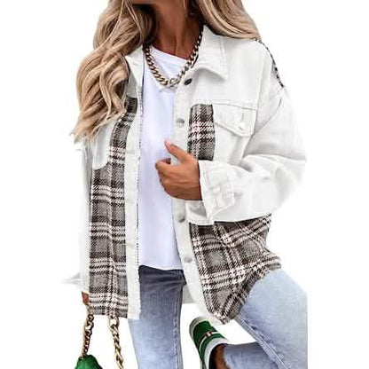 Women's Denim Jacket Long Sleeve Plaid Button Down Shirts Shacket DailySale