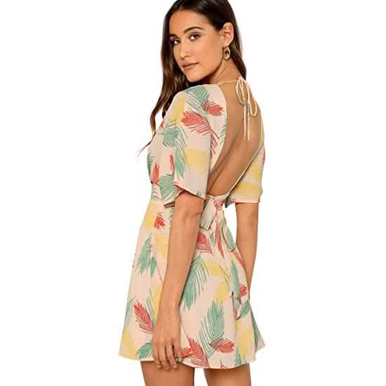 Women's Ditsy Floral Plunge Neck Knot Front A Line Short Dress DailySale