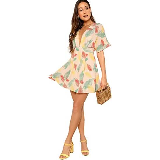 Women's Ditsy Floral Plunge Neck Knot Front A Line Short Dress DailySale