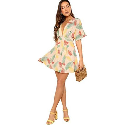 Women's Ditsy Floral Plunge Neck Knot Front A Line Short Dress DailySale