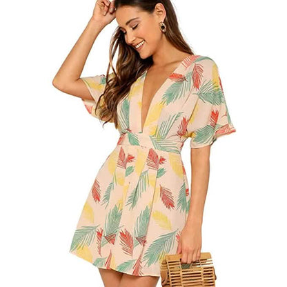 Women's Ditsy Floral Plunge Neck Knot Front A Line Short Dress DailySale