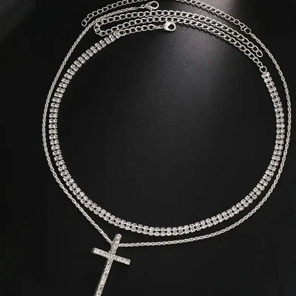 Women's Double Layer Artificial Crystal Cross Pendant Necklace DailySale