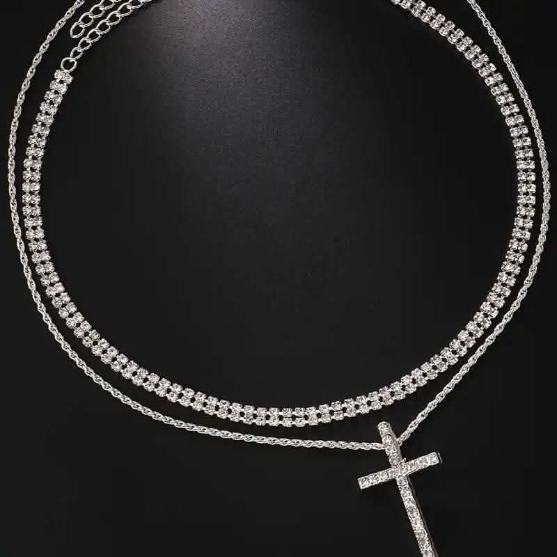 Women's Double Layer Artificial Crystal Cross Pendant Necklace DailySale