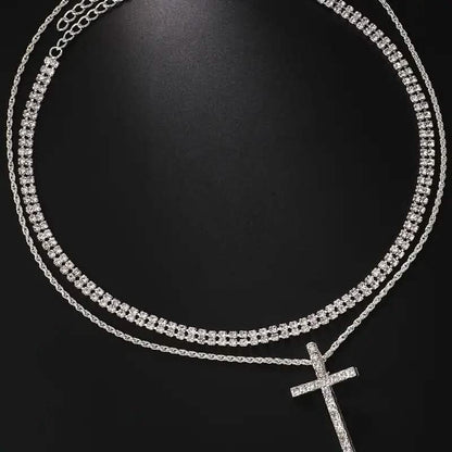 Women's Double Layer Artificial Crystal Cross Pendant Necklace DailySale