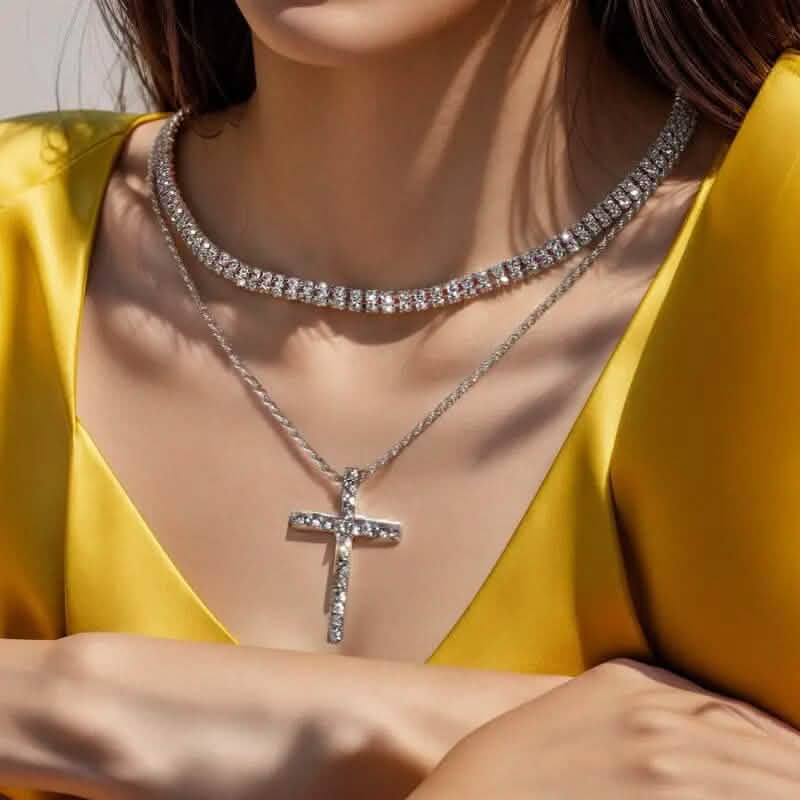 Women's Double Layer Artificial Crystal Cross Pendant Necklace DailySale