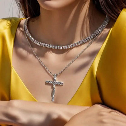 Women's Double Layer Artificial Crystal Cross Pendant Necklace DailySale