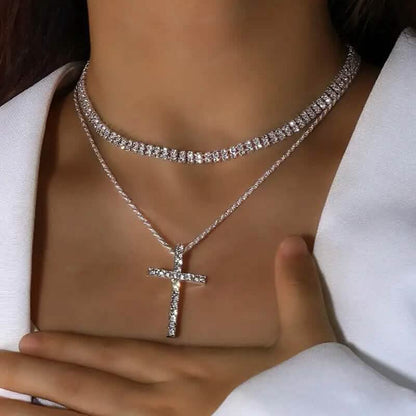 Women's Double Layer Artificial Crystal Cross Pendant Necklace DailySale