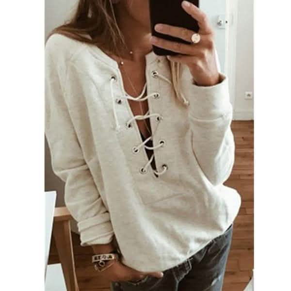 Women's Fashion Lace Up Deep V-neck Casual Long Sleeves DailySale