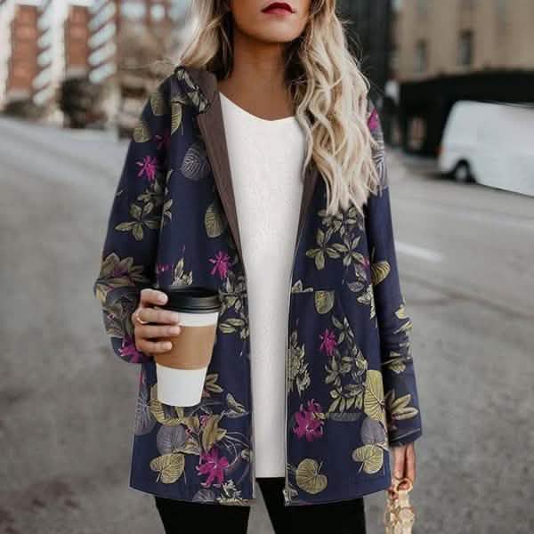 Women's Fashion Leaves Floral Print Fluffy Fur Hooded Long Sleeve Vintage Casual Coat DailySale