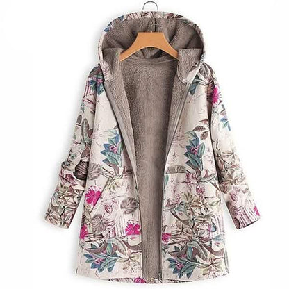 Women's Fashion Leaves Floral Print Fluffy Fur Hooded Long Sleeve Vintage Casual Coat DailySale