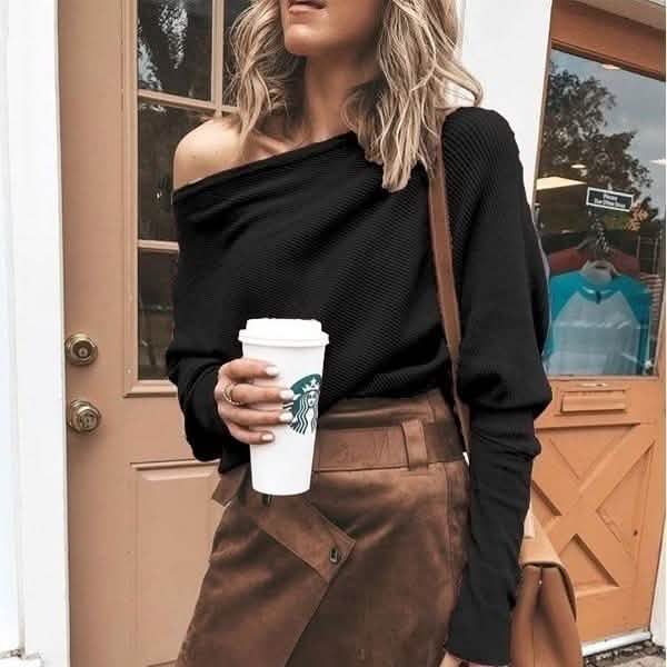 Women's Fashion Off Shoulder Long Sleeve Sweater Casual Long Sleeved Sweatshirt Top DailySale