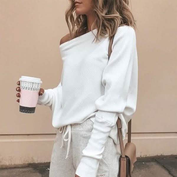 Women's Fashion Off Shoulder Long Sleeve Sweater Casual Long Sleeved Sweatshirt Top DailySale