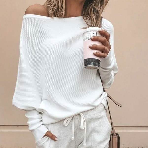 Women's Fashion Off Shoulder Long Sleeve Sweater Casual Long Sleeved Sweatshirt Top DailySale