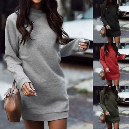 Women’s Fashion Solid Color Round Neck Cotton Pullover Dress DailySale