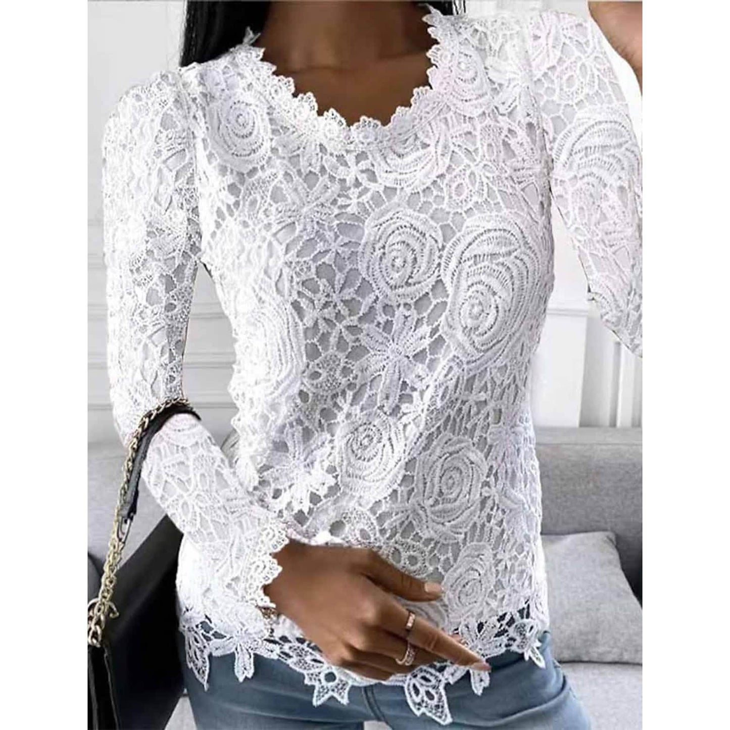 Women's Floral Lace Long Sleeve Blouse Shirt DailySale