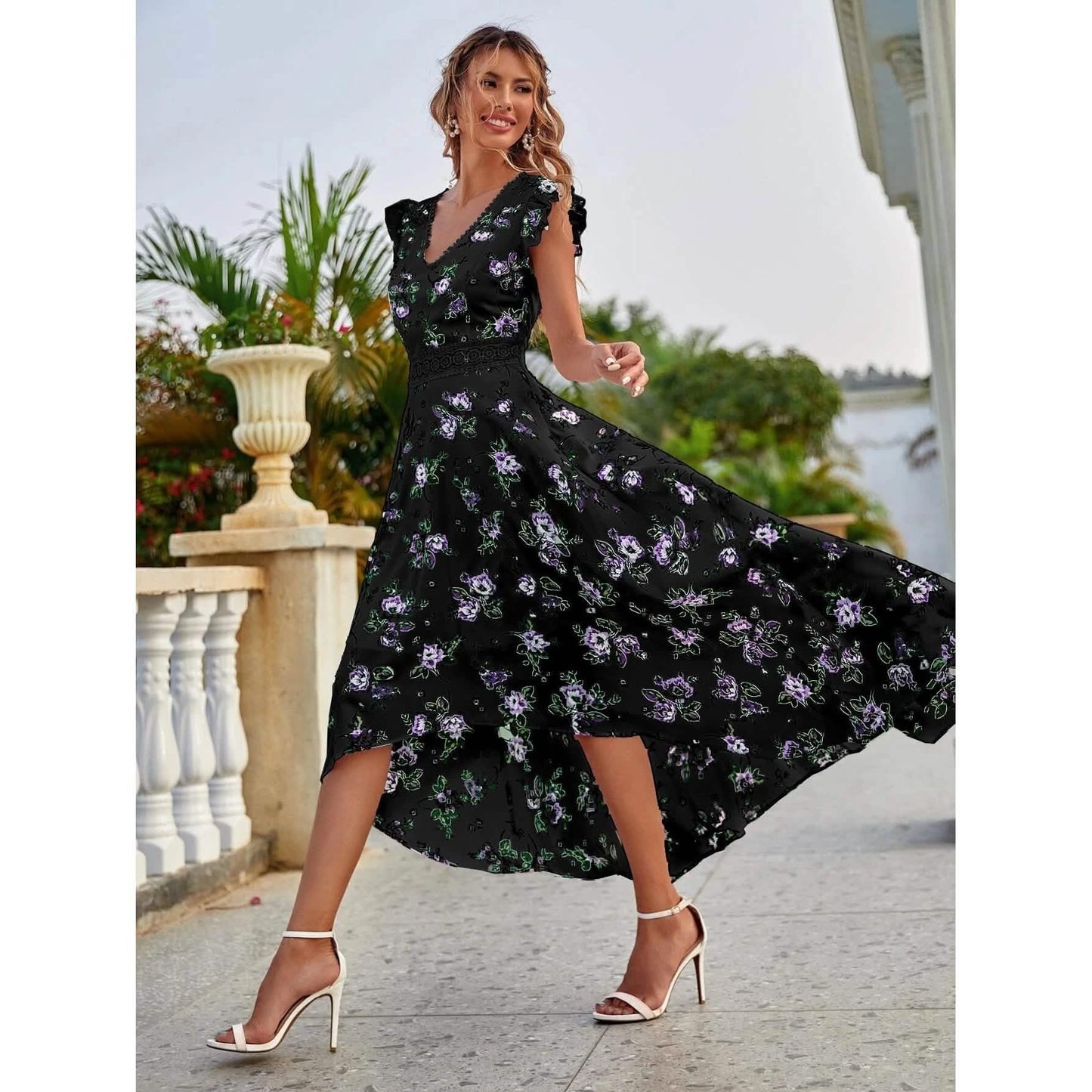 Women's Full Body Floral Print High Low Hem A-Line Dress DailySale