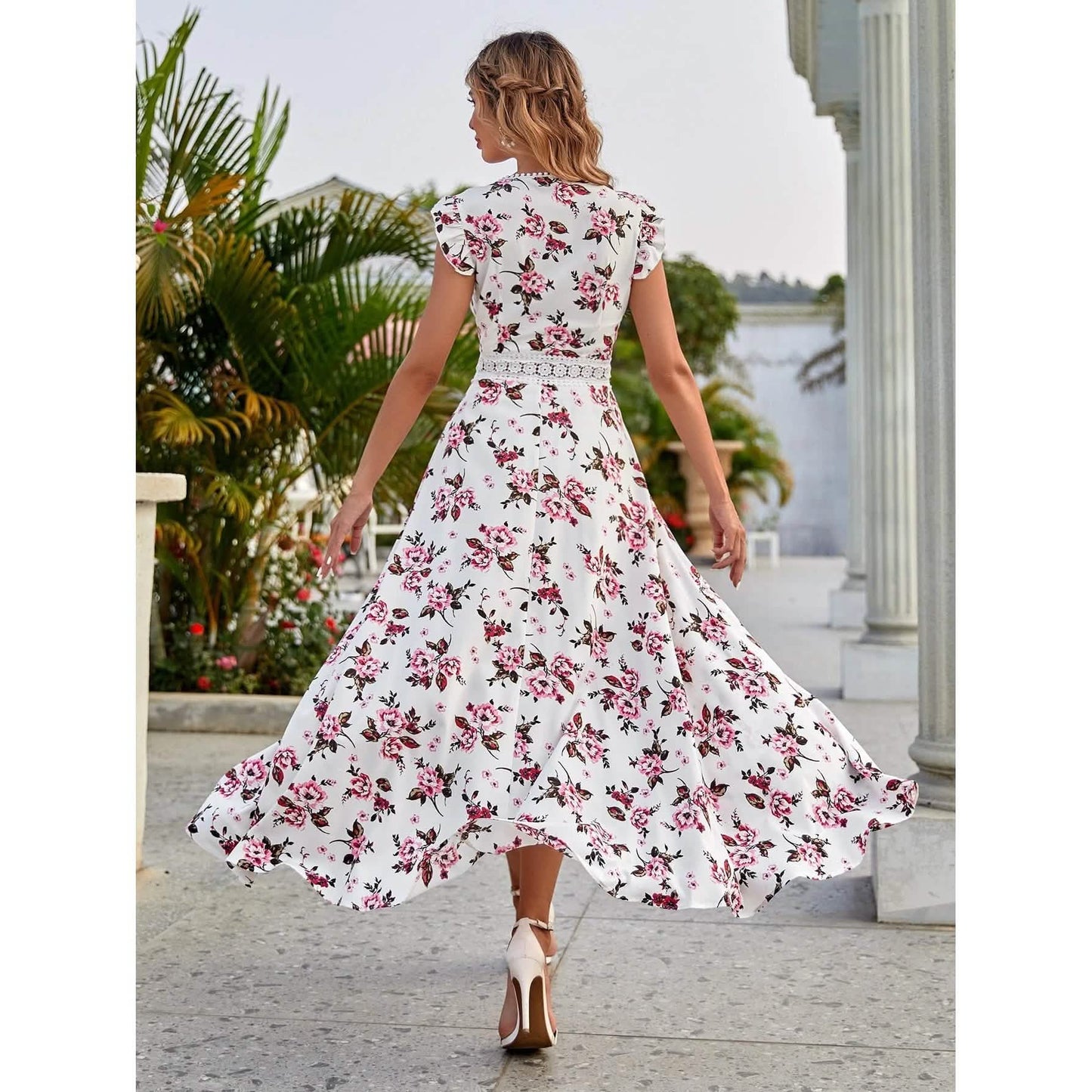 Women's Full Body Floral Print High Low Hem A-Line Dress DailySale