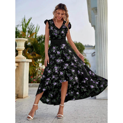 Women's Full Body Floral Print High Low Hem A-Line Dress DailySale