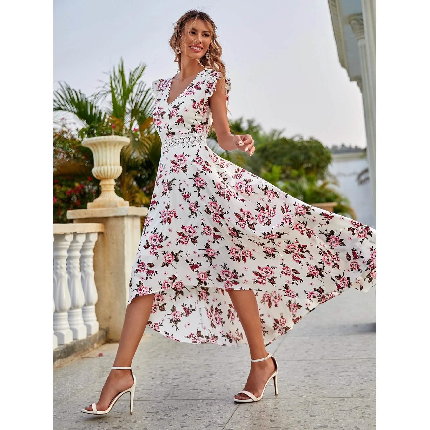 Women's Full Body Floral Print High Low Hem A-Line Dress DailySale