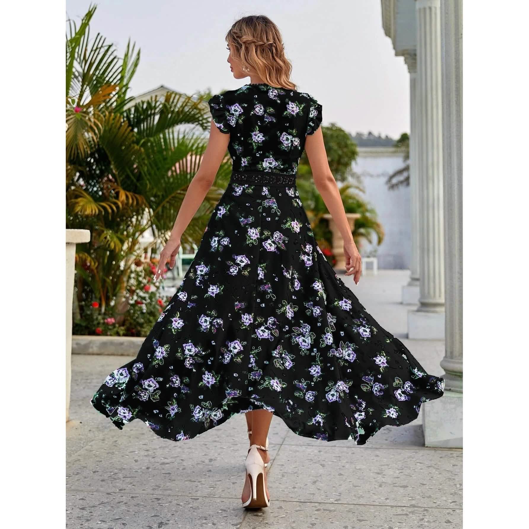 Women's Full Body Floral Print High Low Hem A-Line Dress DailySale