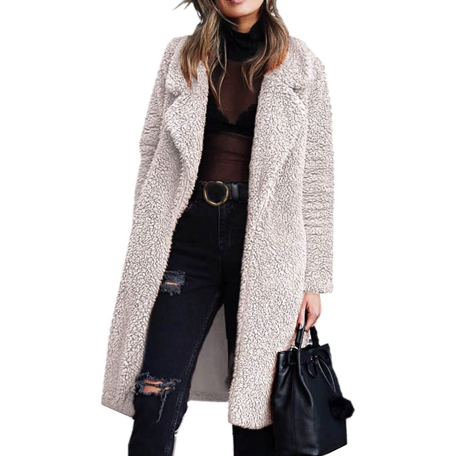 Women's Fuzzy Fleece Lapel Open Front Long Cardigan Coat DailySale
