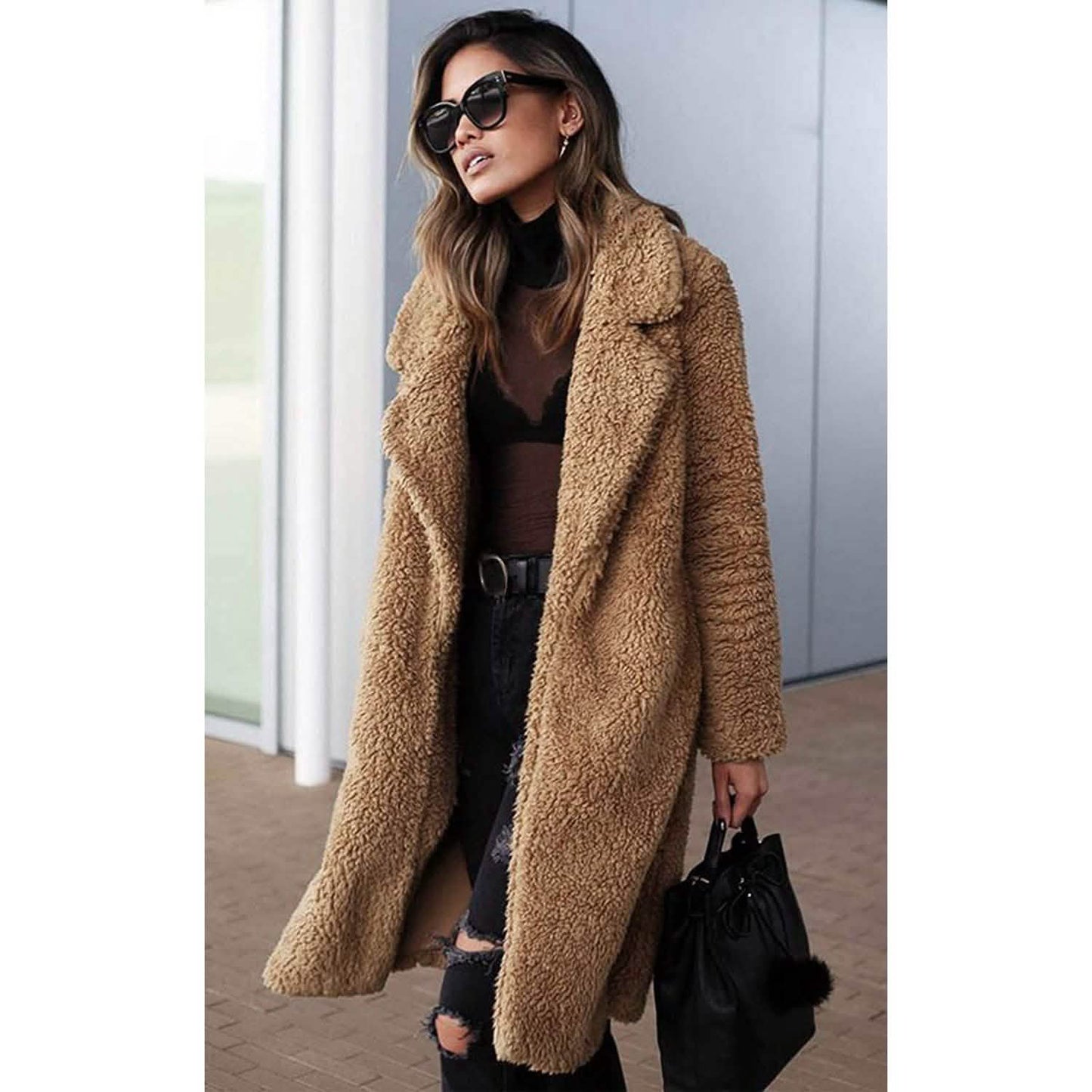 Women's Fuzzy Fleece Lapel Open Front Long Cardigan Coat DailySale