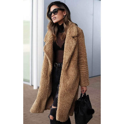 Women's Fuzzy Fleece Lapel Open Front Long Cardigan Coat DailySale