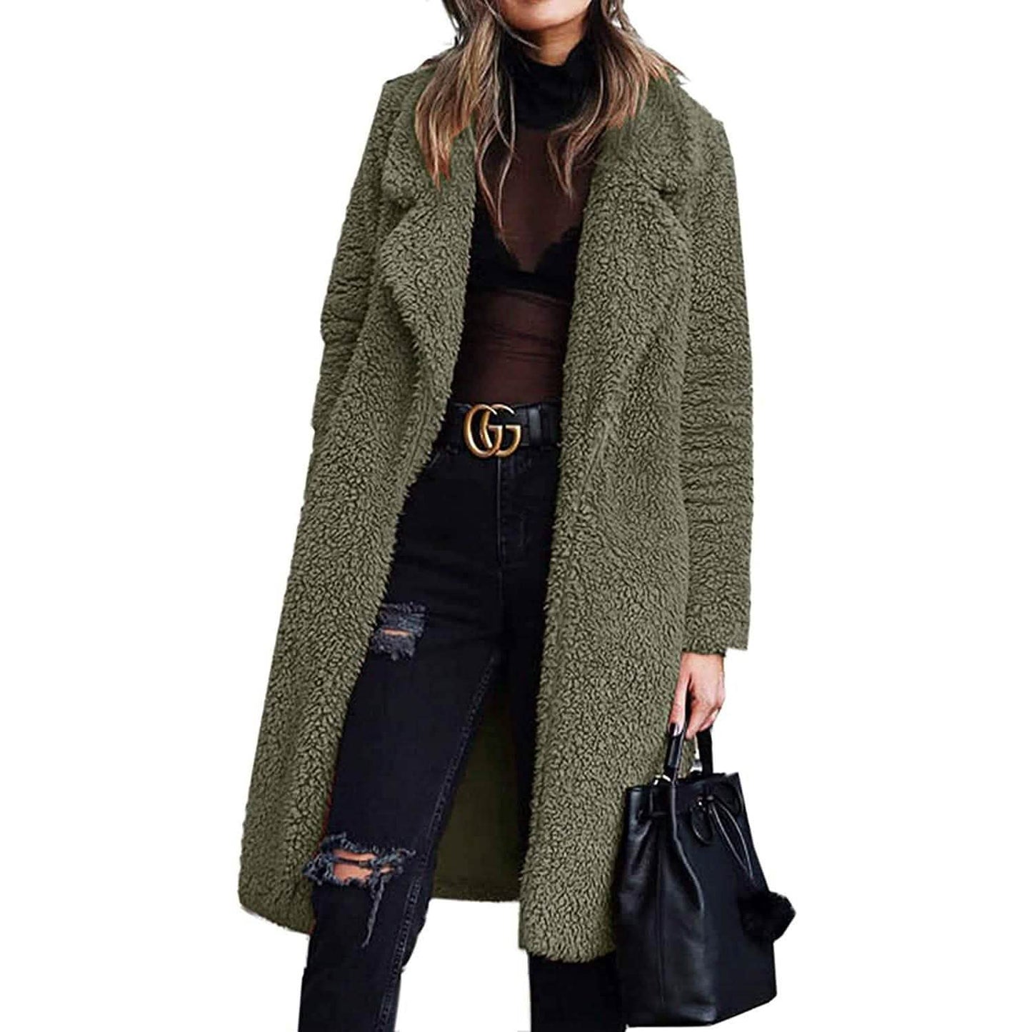 Women's Fuzzy Fleece Lapel Open Front Long Cardigan Coat DailySale