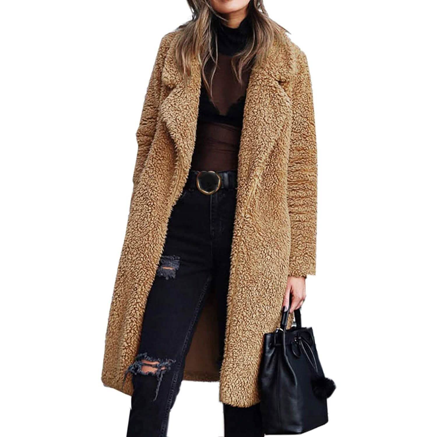 Women's Fuzzy Fleece Lapel Open Front Long Cardigan Coat DailySale