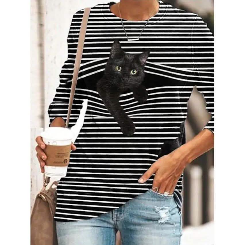 Women's Halloween Tunic T shirt Striped Cat 3D Cartoon Long Sleeve Print Round Neck DailySale